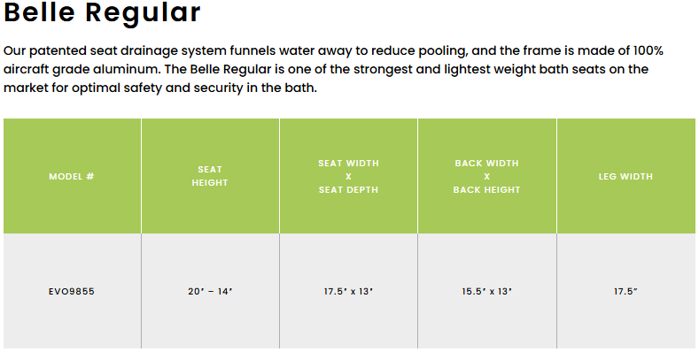 EVO Belle Reg Bath Seat Back