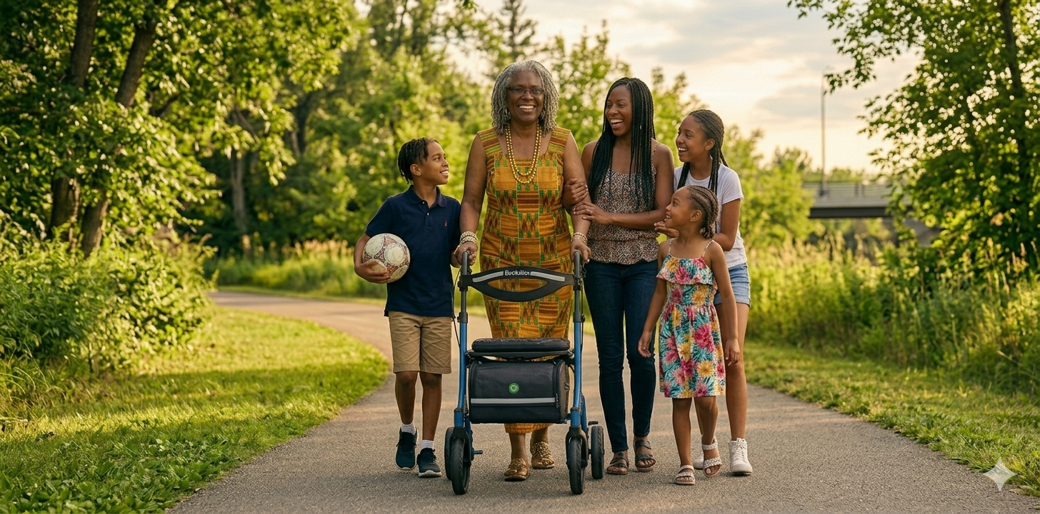 A family of five walks along a paved path in a park, with an older woman using a rolling walker and a young boy holding a soccer ball. The scene is set in a lush green outdoor environment during late afternoon.